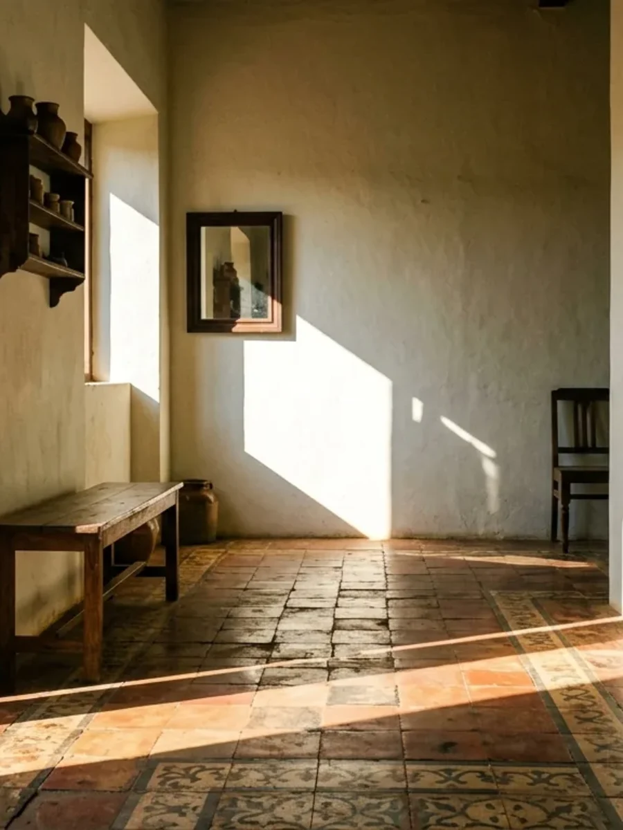 Hard dry-season sunlight raking across a tiled floor in a white Goan interior