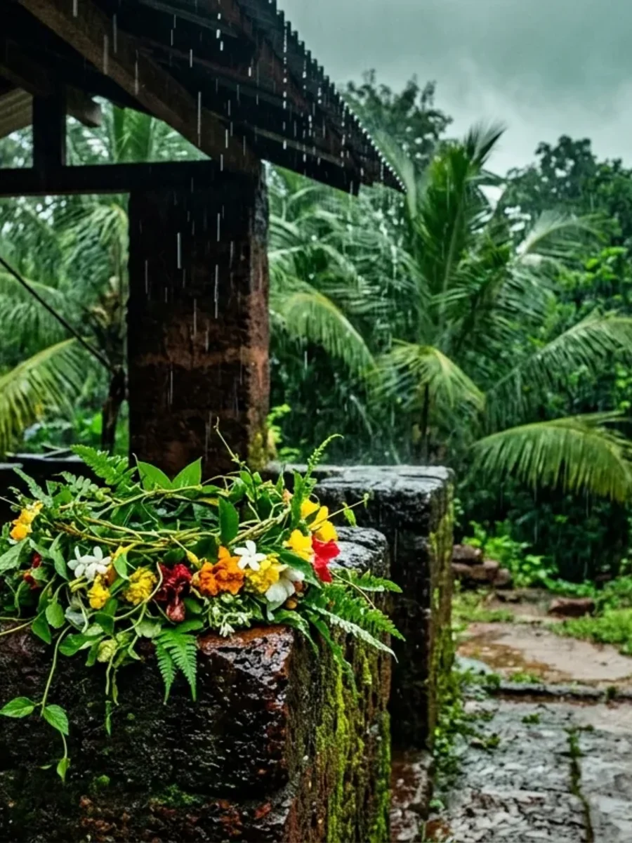 A kopel flower crown beside a well in heavy monsoon greenery