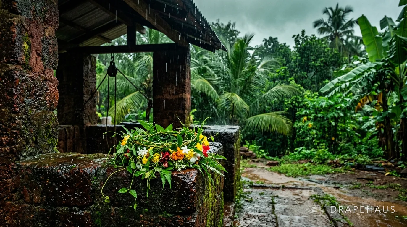 A kopel flower crown beside a well in heavy monsoon greenery