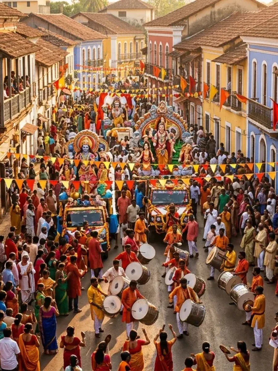 A Shigmo parade moving down a Goan street lined with colonial buildings