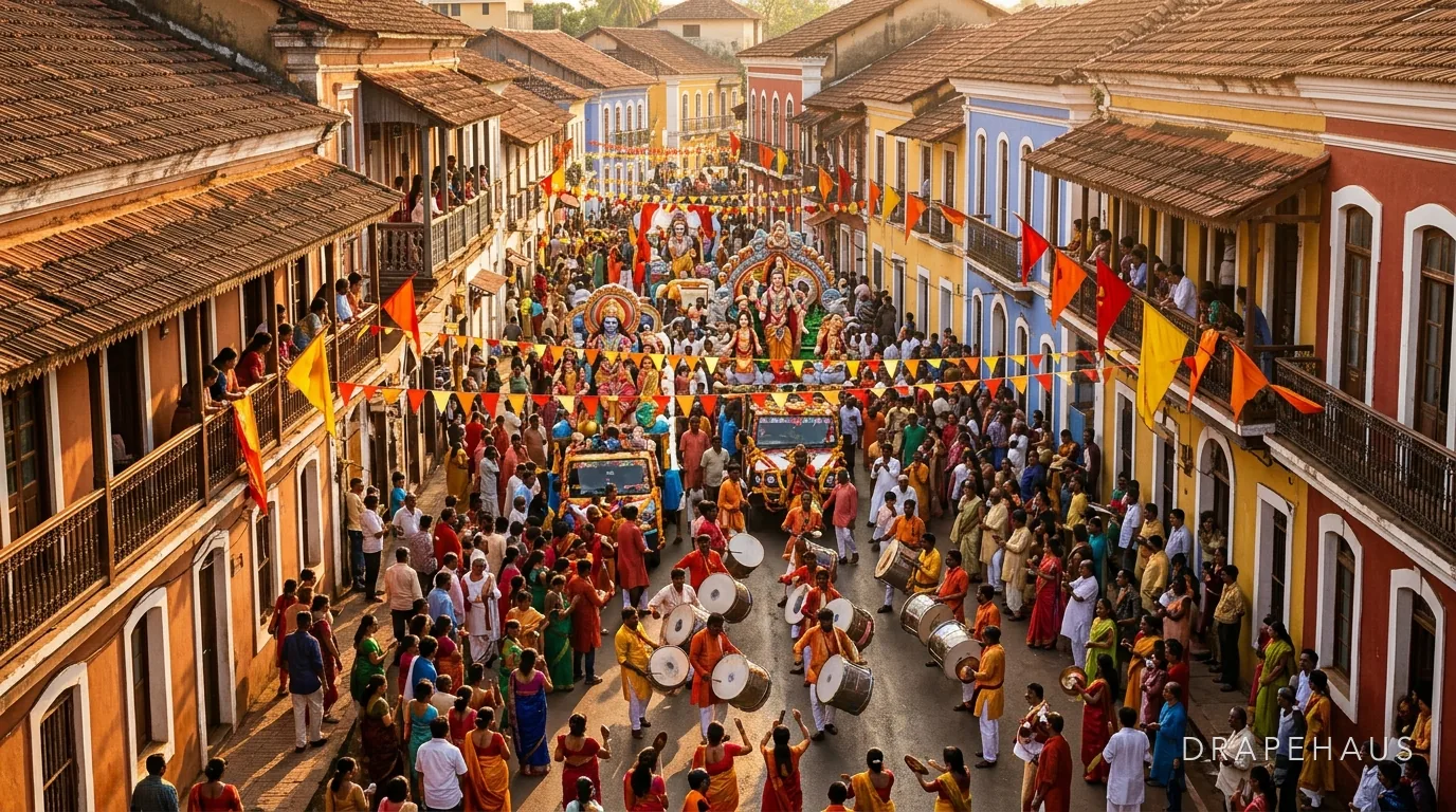 A Shigmo parade moving down a Goan street lined with colonial buildings