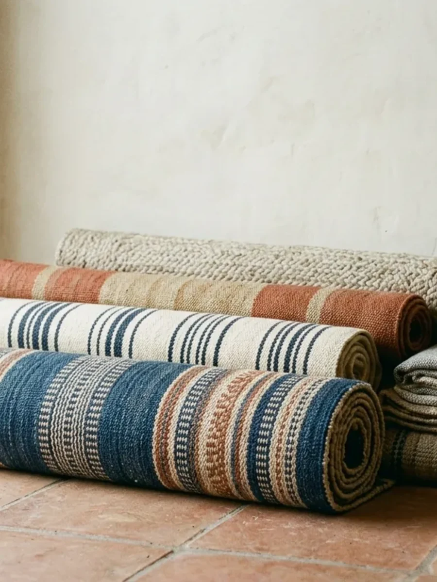Rolled dhurries and rugs stacked on a floor beside a window