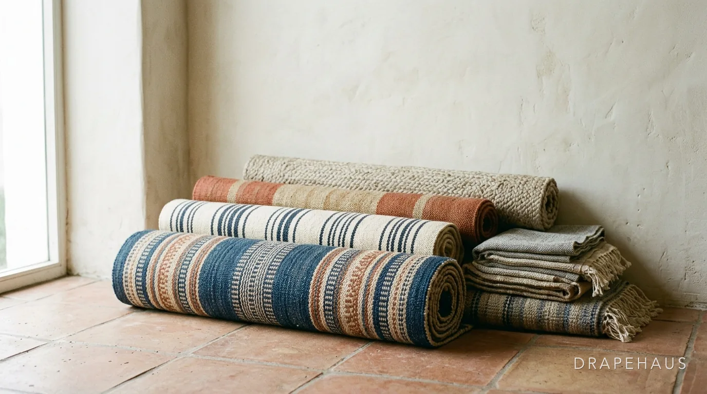 Rolled dhurries and rugs stacked on a floor beside a window