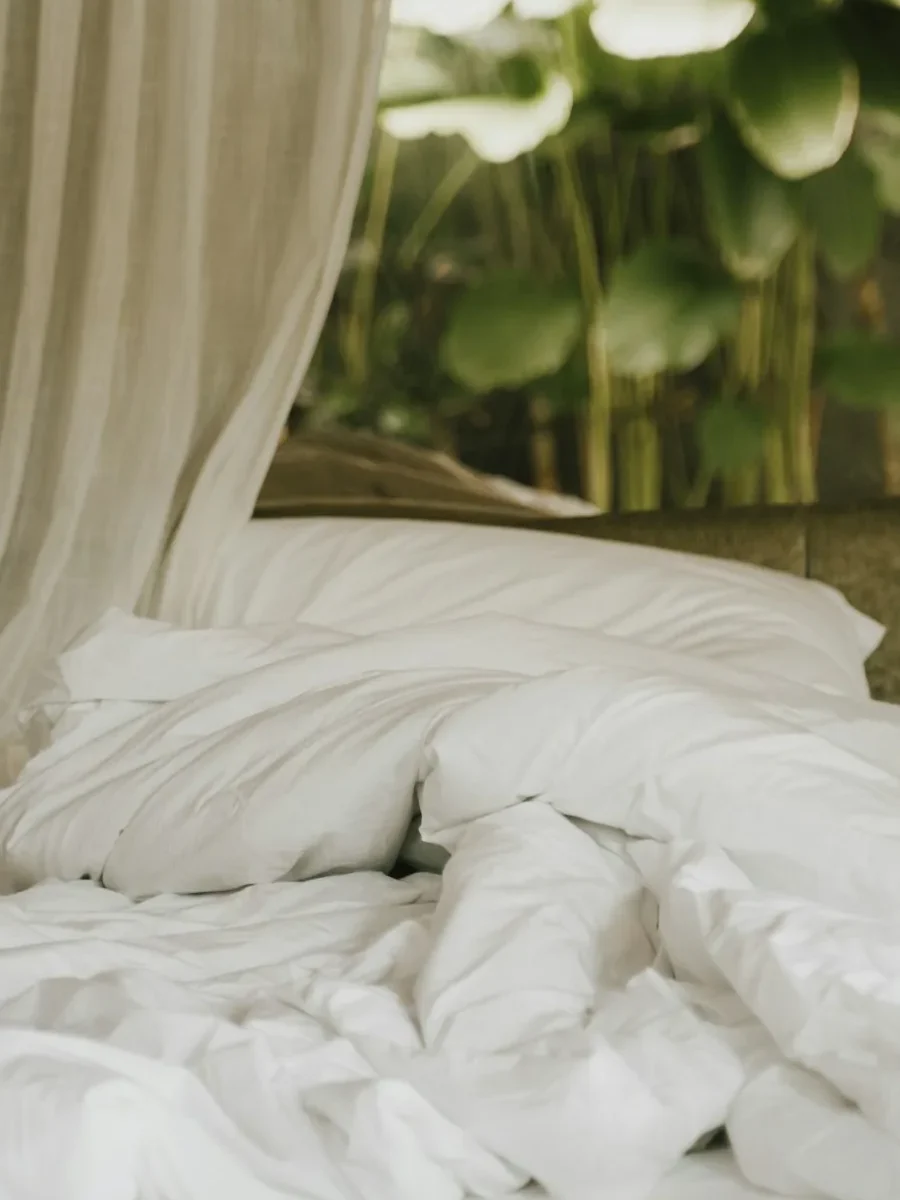An upholstered headboard behind a freshly made white bed
