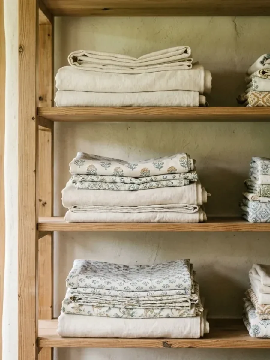 Folded curtains and linens stored flat on open, ventilated shelving