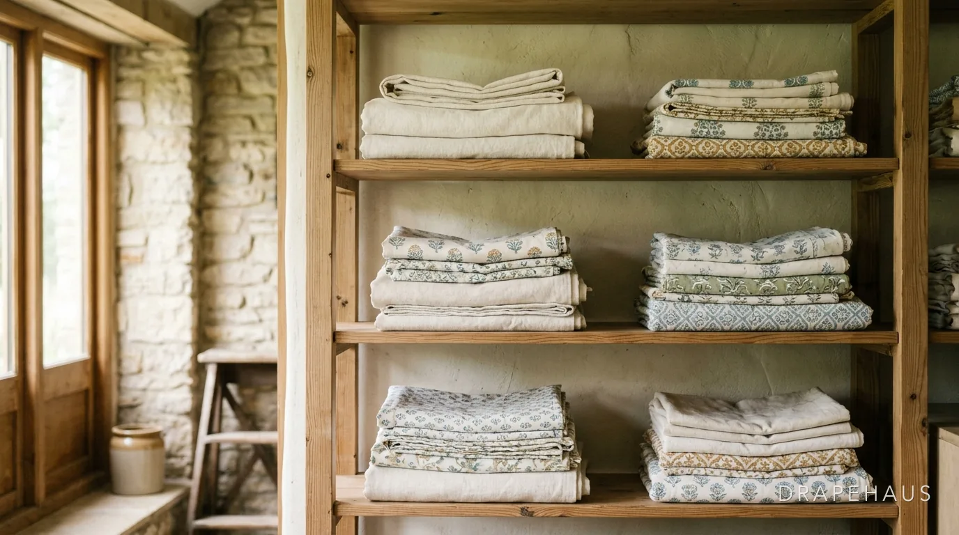 Folded curtains and linens stored flat on open, ventilated shelving