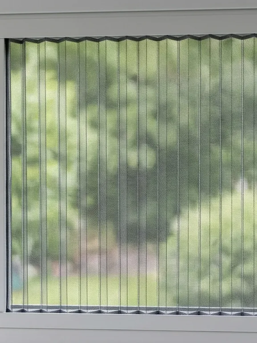 A window fitted with a fine mosquito mesh looking onto trees