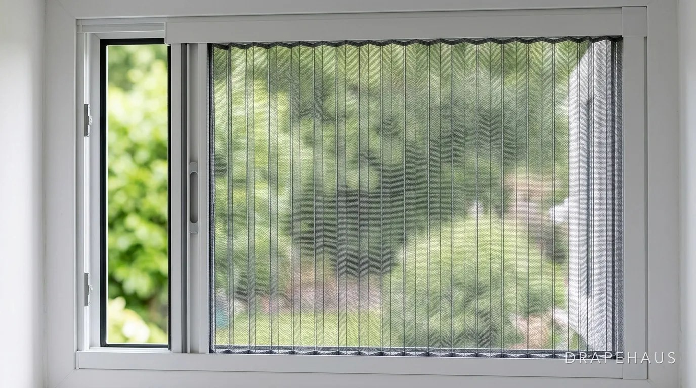 A window fitted with a fine mosquito mesh looking onto trees