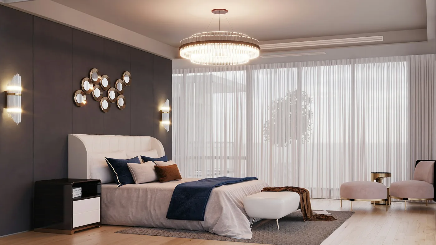 A spacious master bedroom with a statement wall behind the bed and curtains at a tall window