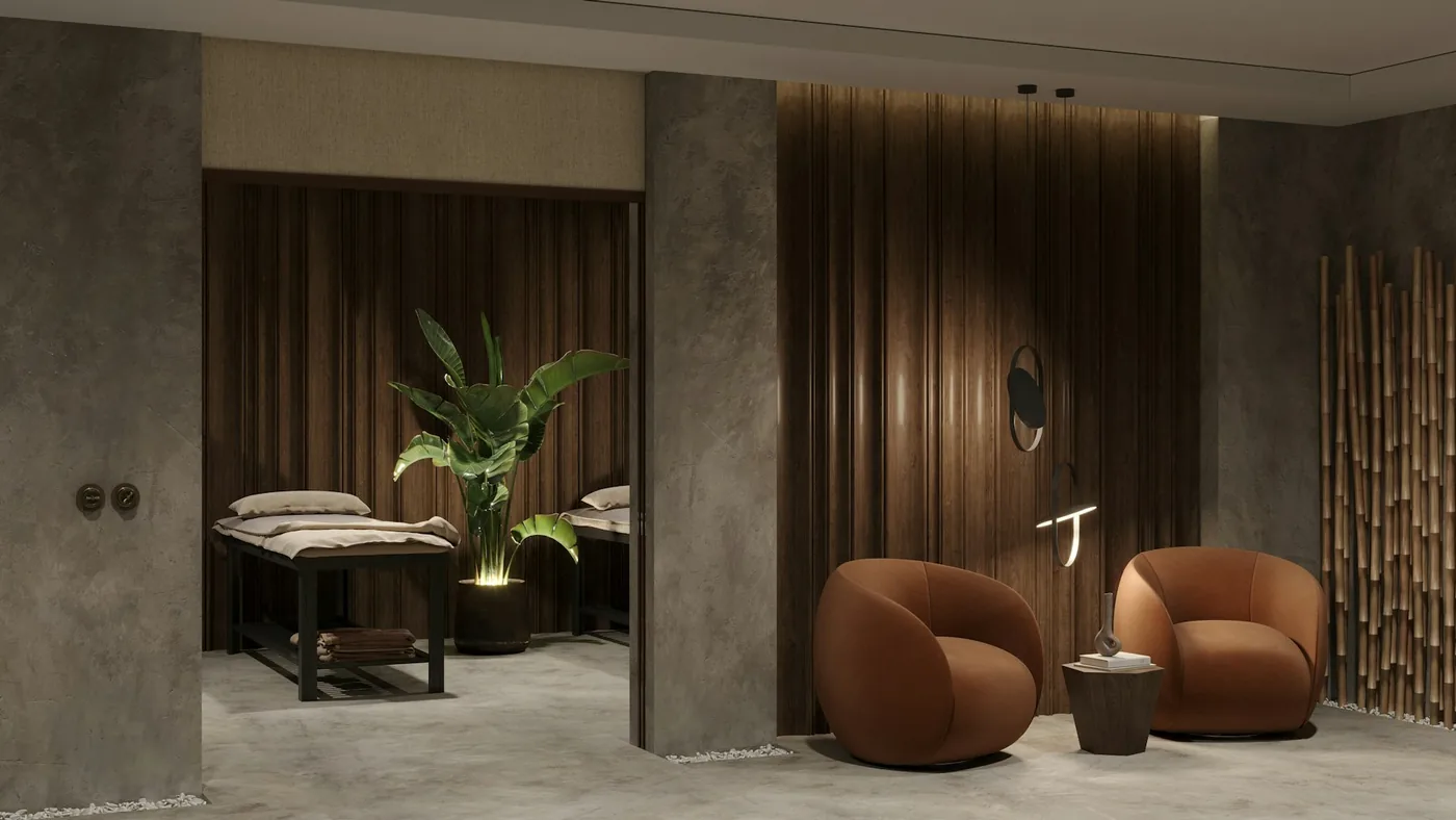A salon interior with styling chairs, mirrors and window treatments